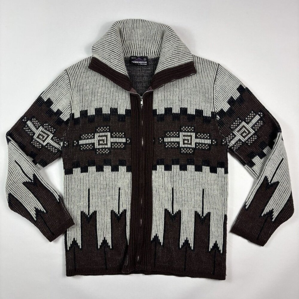 Vintage 70s Women’s Cardigan Sweater L Aztec Print Brown Dimensions Hippie Boho